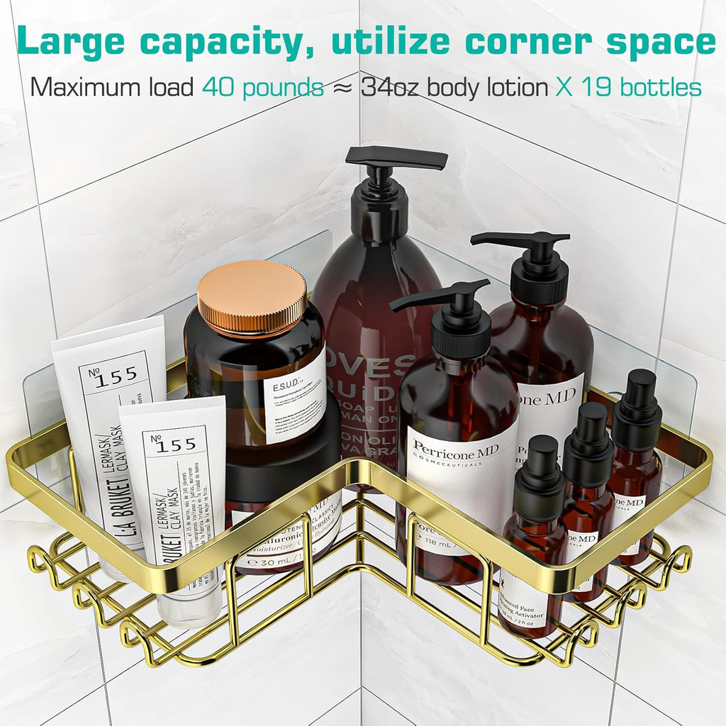 Corner Shower Caddy, 3-Pack Adhesive Bathroom Caddy with Soap Holder and 12 Hooks, Rustproof Stainless Steel Shower Organizer, No Drilling Wall Mounted Shower Rack, for Bathroom, Gold