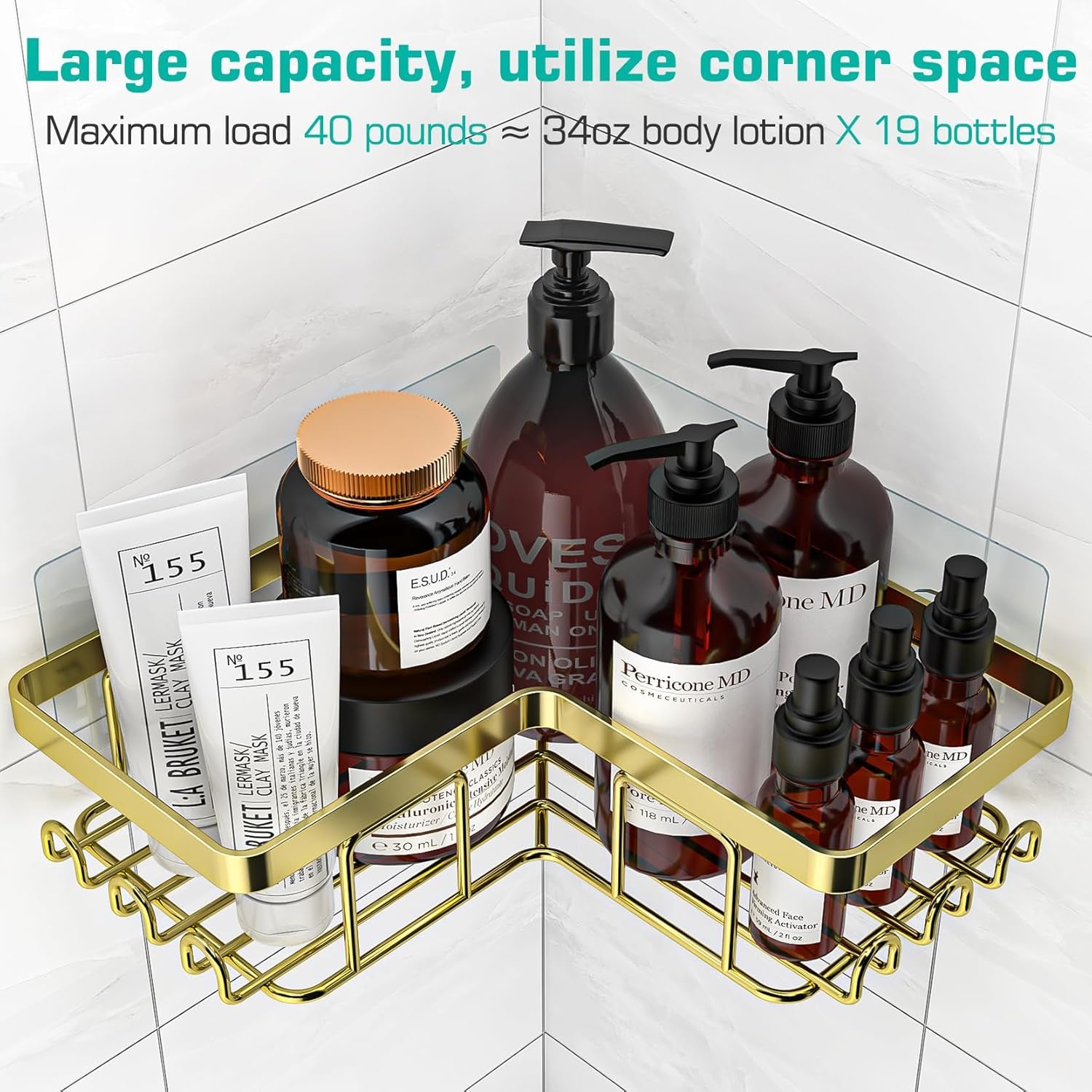 Corner Shower Caddy, 3-Pack Adhesive Bathroom Caddy with Soap Holder and 12 Hooks, Rustproof Stainless Steel Shower Organizer, No Drilling Wall Mounted Shower Rack, for Bathroom, Gold