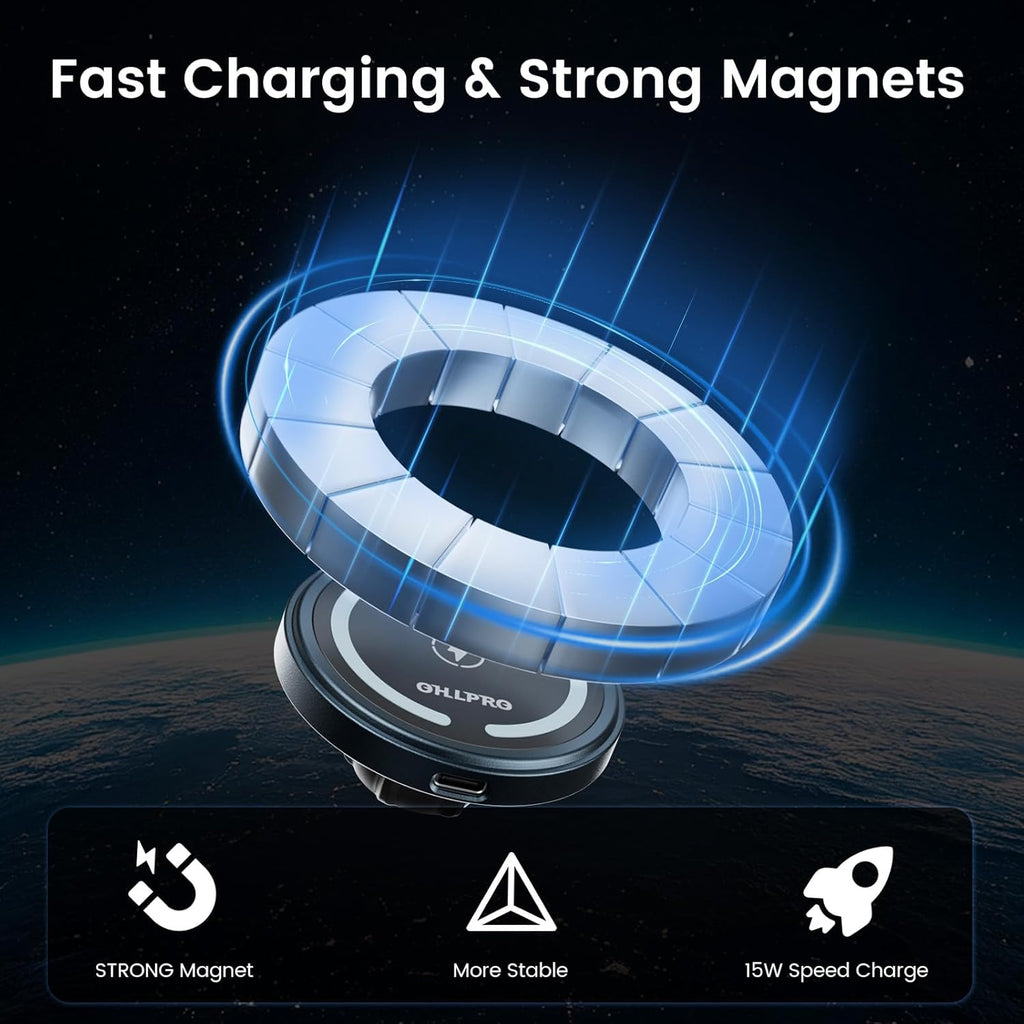 Magsafe Car Mount Charger Iphone Wireless Car Charger, Stick on Dashboard Magnetic Phone Holder Mount for Iphone 17 Pro plus Max 16 15 14 13 12 Series, 15W Fast Charging, Aluminum Shell