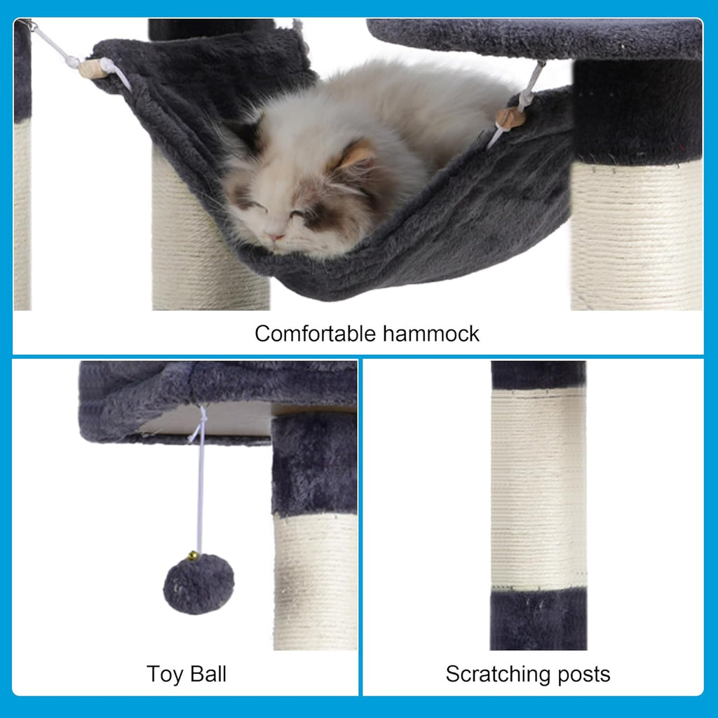 Large Multi-Level Cat Tree Condo Furniture with Sisal-Covered Scratching Posts, 2 Bigger Plush Condos, Perch Hammock for Kittens, Cats and Pets Smoky Gray MPJ020G