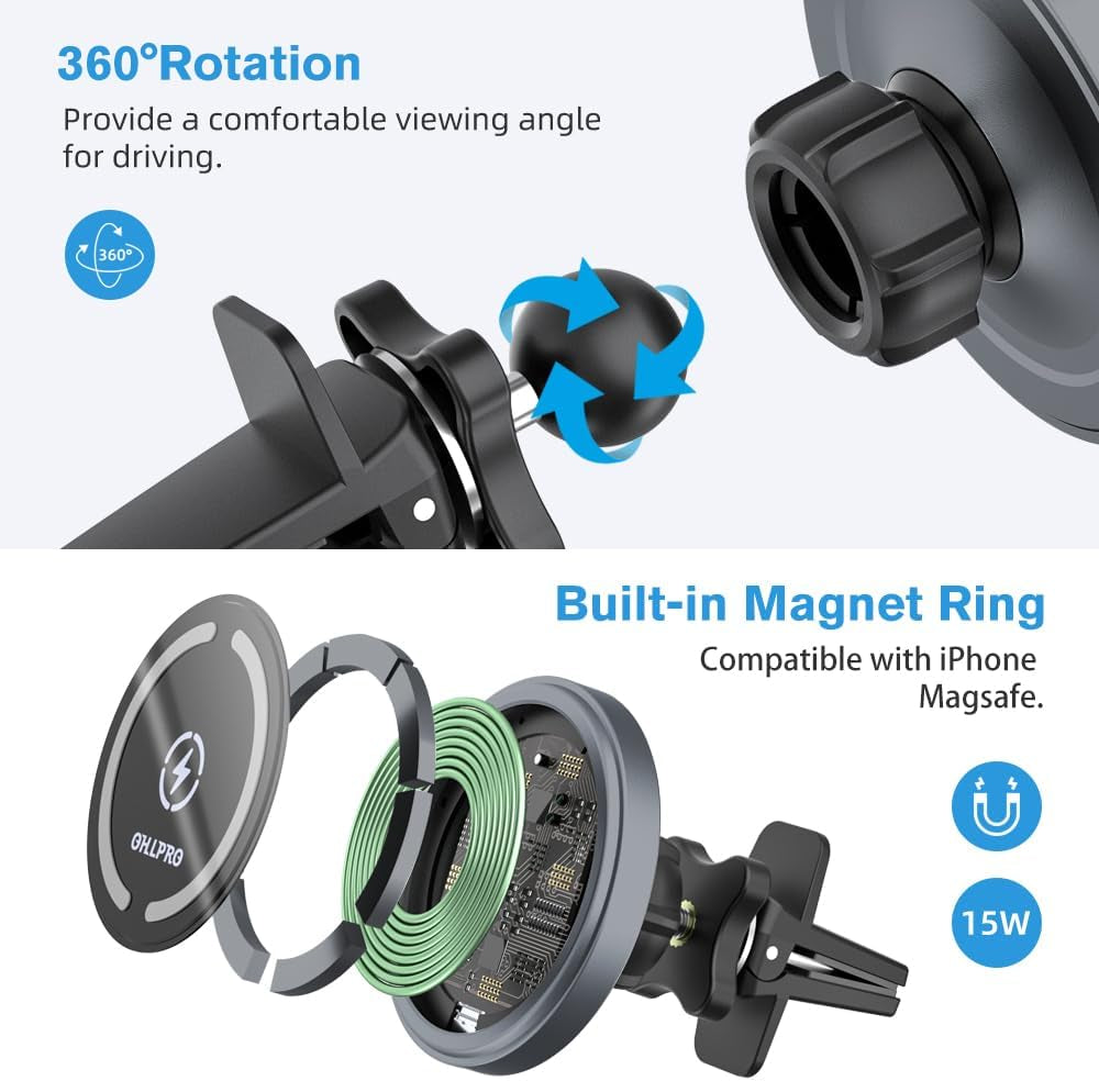 Magsafe Car Mount Charger Iphone Wireless Car Charger, Stick on Dashboard Magnetic Phone Holder Mount for Iphone 17 Pro plus Max 16 15 14 13 12 Series, 15W Fast Charging, Aluminum Shell