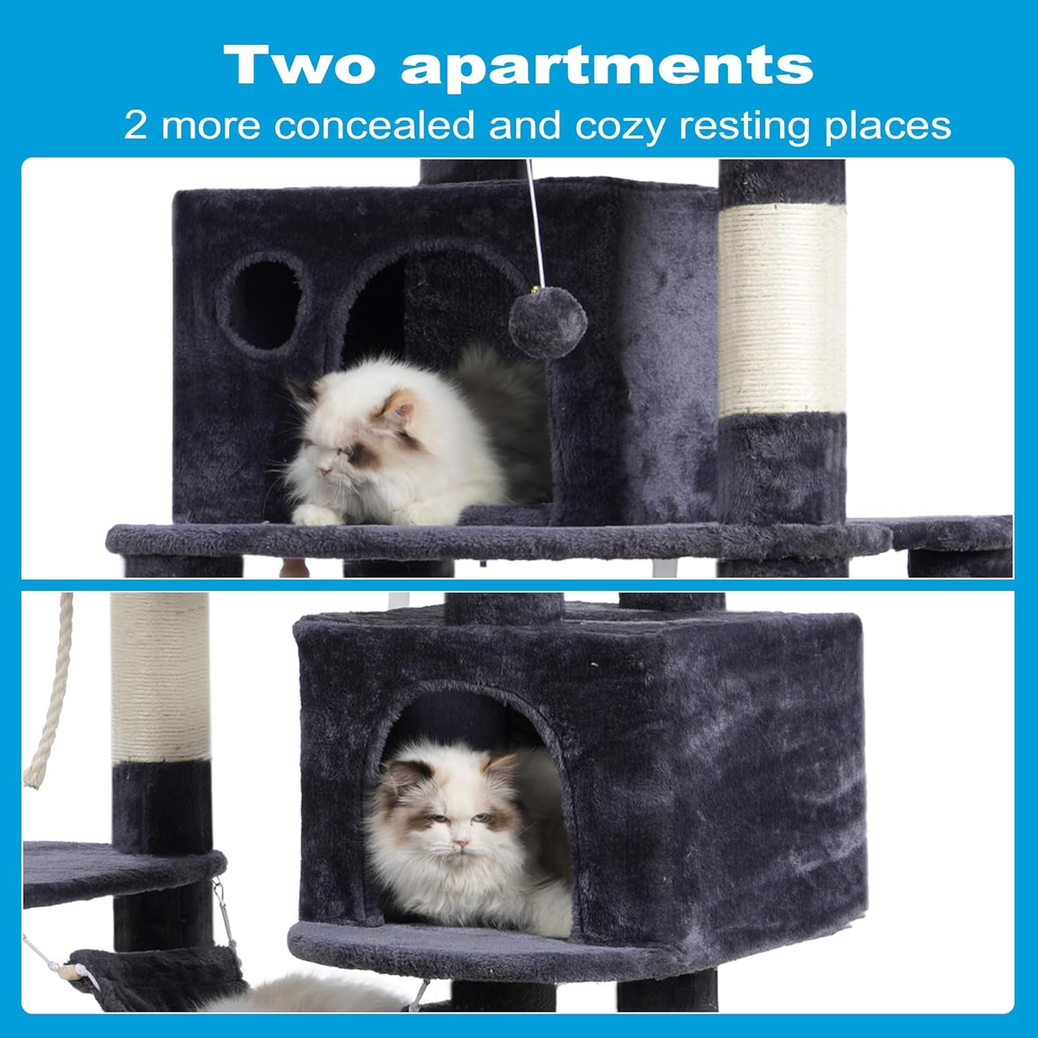 Large Multi-Level Cat Tree Condo Furniture with Sisal-Covered Scratching Posts, 2 Bigger Plush Condos, Perch Hammock for Kittens, Cats and Pets Smoky Gray MPJ020G