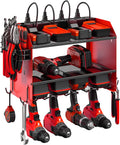 Modular Power Tool Organizer Wall Mount with Charging Station. Garage 4 Drill Storage Shelf with Hooks, Screwdriver, Drill Bit Heavy Duty Rack, Tool Battery Holder Built in 8 Outlet Power Strip.