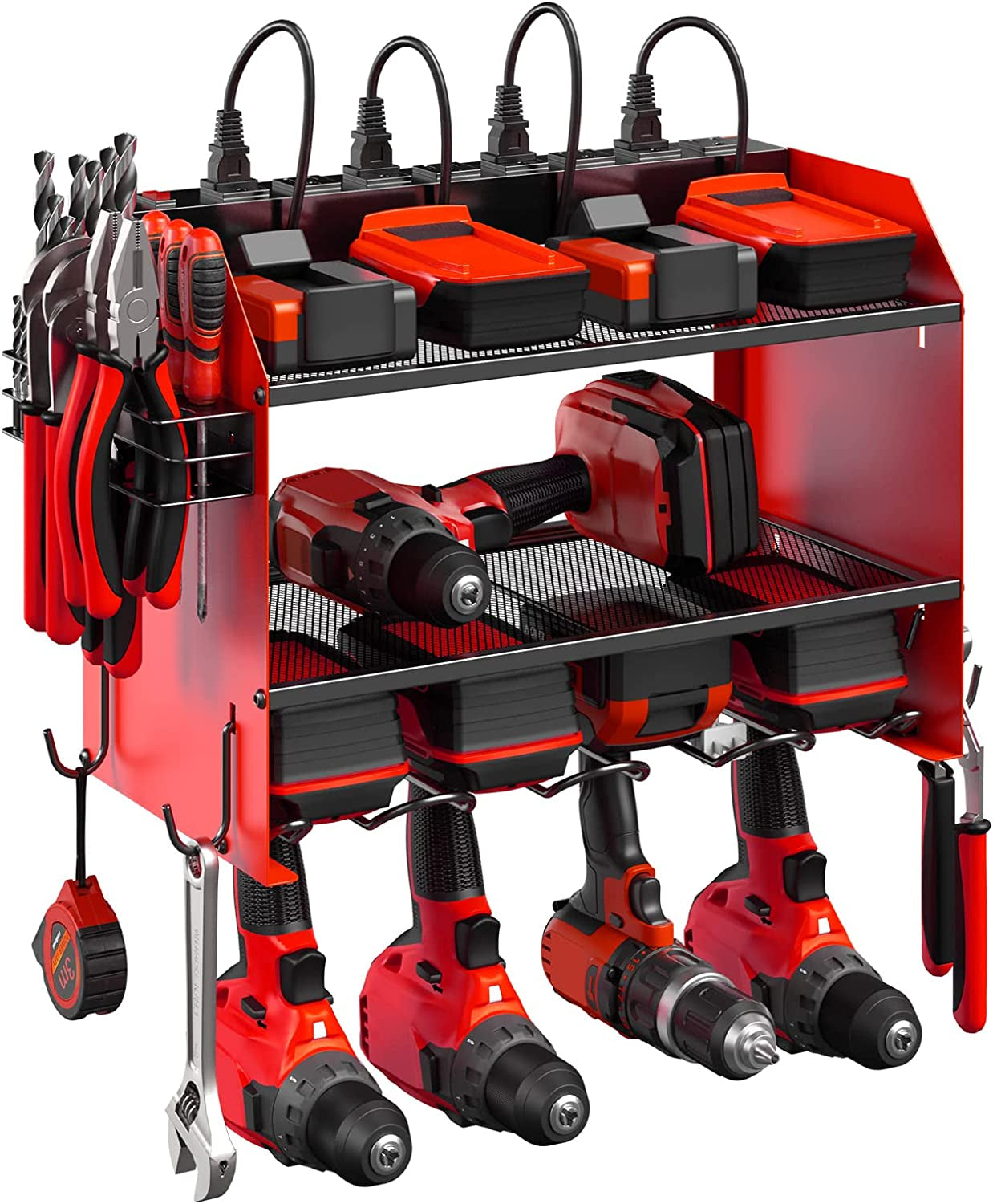 Modular Power Tool Organizer Wall Mount with Charging Station. Garage 4 Drill Storage Shelf with Hooks, Screwdriver, Drill Bit Heavy Duty Rack, Tool Battery Holder Built in 8 Outlet Power Strip.
