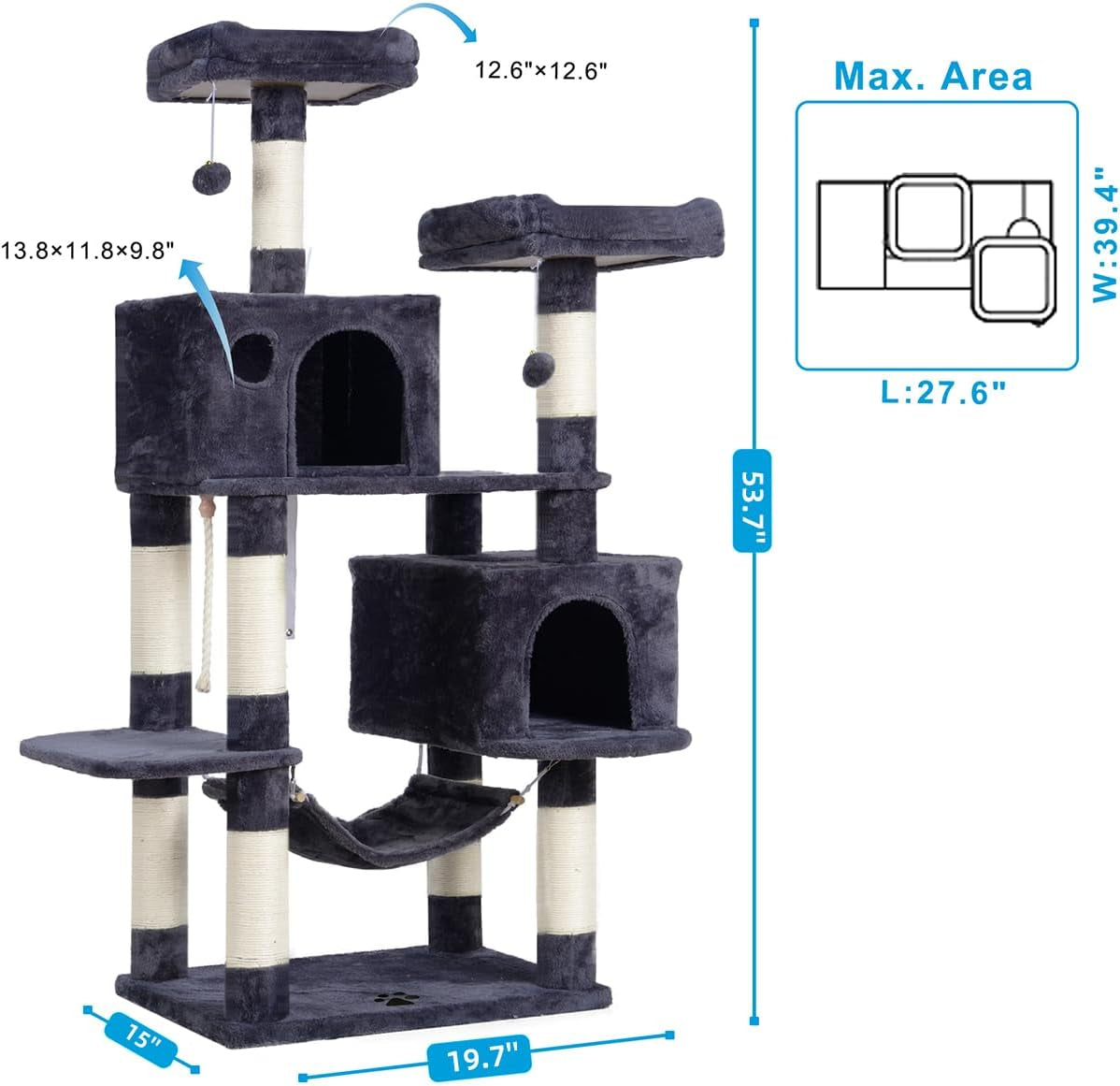Large Multi-Level Cat Tree Condo Furniture with Sisal-Covered Scratching Posts, 2 Bigger Plush Condos, Perch Hammock for Kittens, Cats and Pets Smoky Gray MPJ020G