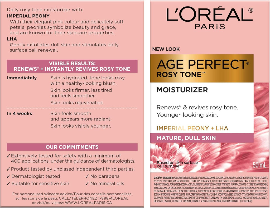 L’Oréal Paris Day Face Moisturizer Cream, Age Perfect Rosy Tone, with LHA & Imperial Peony Extract, for Mature Skin Skincare, 50 Ml