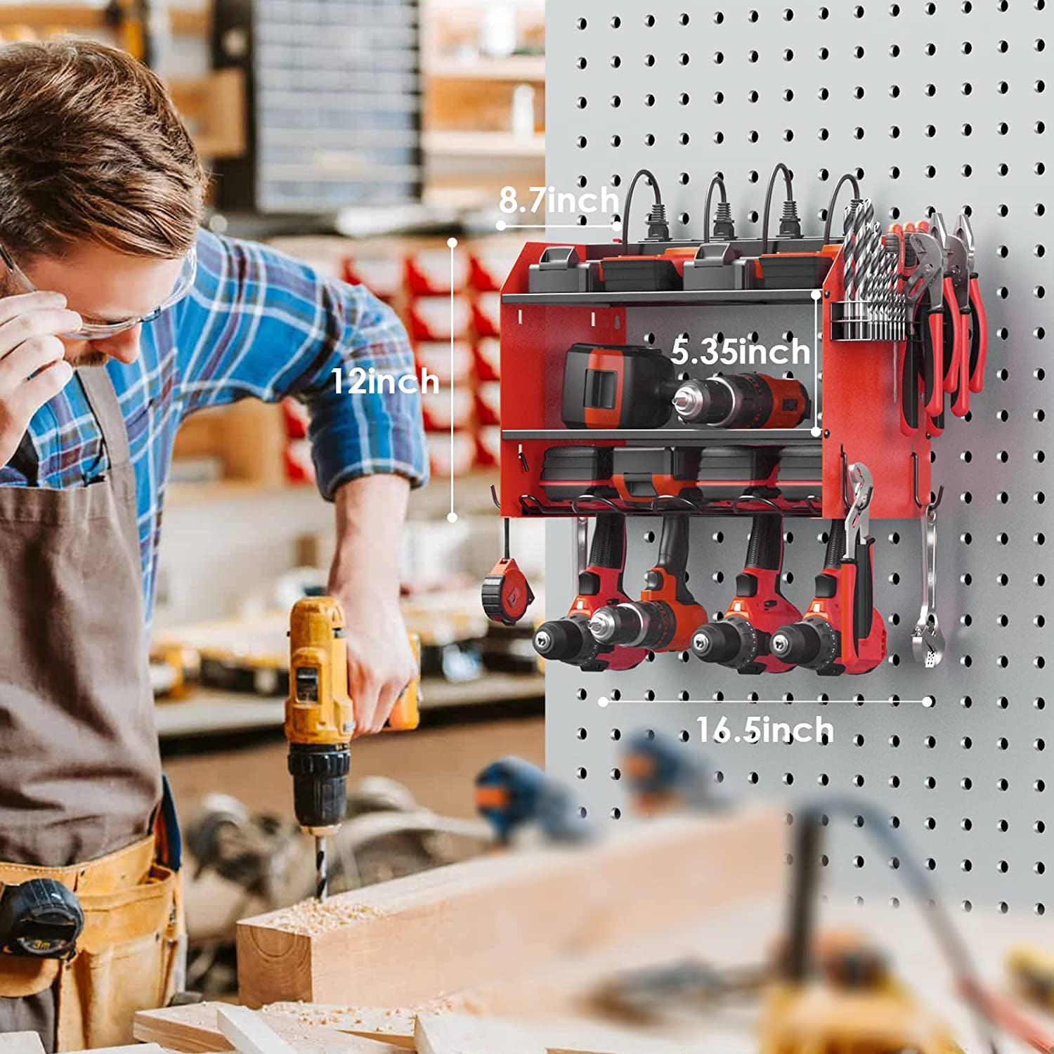 Modular Power Tool Organizer Wall Mount with Charging Station. Garage 4 Drill Storage Shelf with Hooks, Screwdriver, Drill Bit Heavy Duty Rack, Tool Battery Holder Built in 8 Outlet Power Strip.