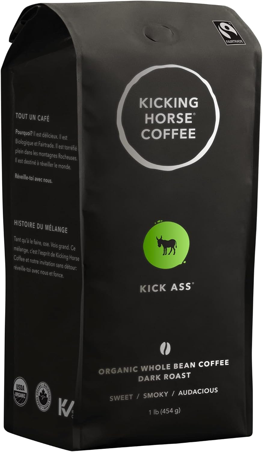 , Kick Ass, Dark Roast, Whole Bean, 1 Lb - Certified Organic, Fairtrade, Kosher Coffee