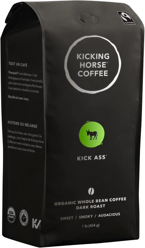 , Kick Ass, Dark Roast, Whole Bean, 1 Lb - Certified Organic, Fairtrade, Kosher Coffee