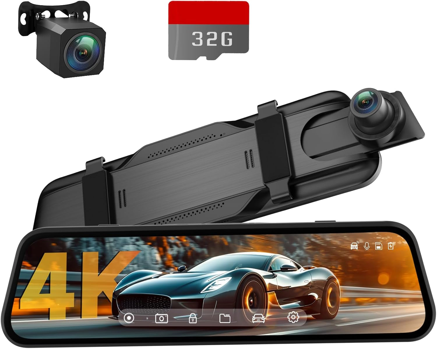 4K Rear View Mirror Camera, 10'' Mirror Dash Cam Front and Rear Camera, with 1080P Rear View Mirror Camera, Full Touch Screen Mirror, Voice Control, Parking Assistance,Night Vision,With 32GB Card