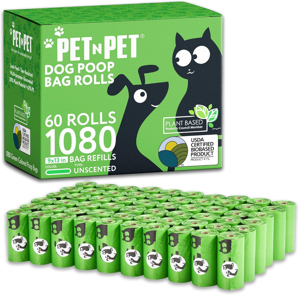 Dog Poop Bags 1080 Count Unscented Leak-Proof Refill Rolls Bulk | 1080 Bags, 60 Refill Rolls: Thick, Leak-Proof, Unscented, USDA Certified Biobased 41%, for Dogs and Cats.