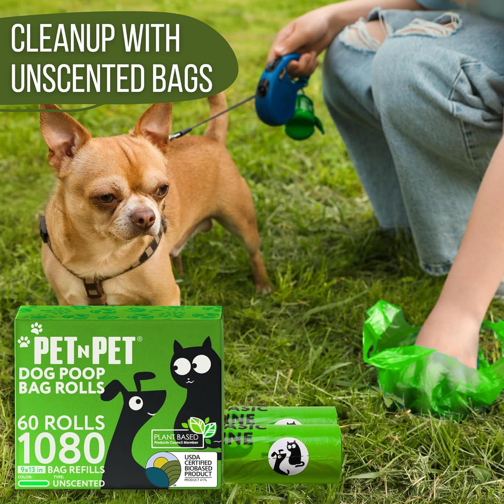 Dog Poop Bags 1080 Count Unscented Leak-Proof Refill Rolls Bulk | 1080 Bags, 60 Refill Rolls: Thick, Leak-Proof, Unscented, USDA Certified Biobased 41%, for Dogs and Cats.