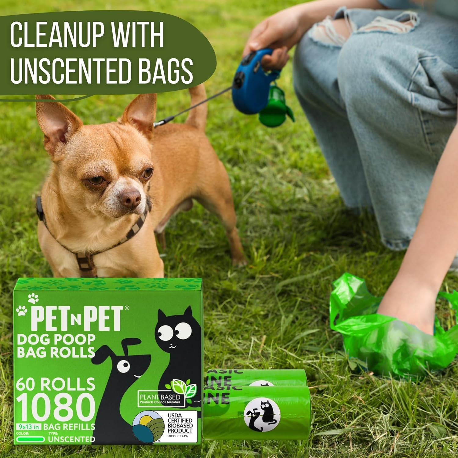 Dog Poop Bags 1080 Count Unscented Leak-Proof Refill Rolls Bulk | 1080 Bags, 60 Refill Rolls: Thick, Leak-Proof, Unscented, USDA Certified Biobased 41%, for Dogs and Cats.