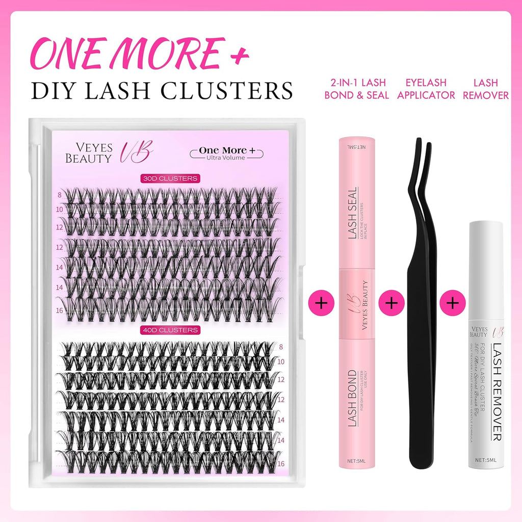Lash Extension Kit Eyelashes Lash Clusters 3040D 8-16Mm | One More+ Multi-Type Layered Eyelash Clusters False Eyelashes Wispy Lash Bond and Seal
