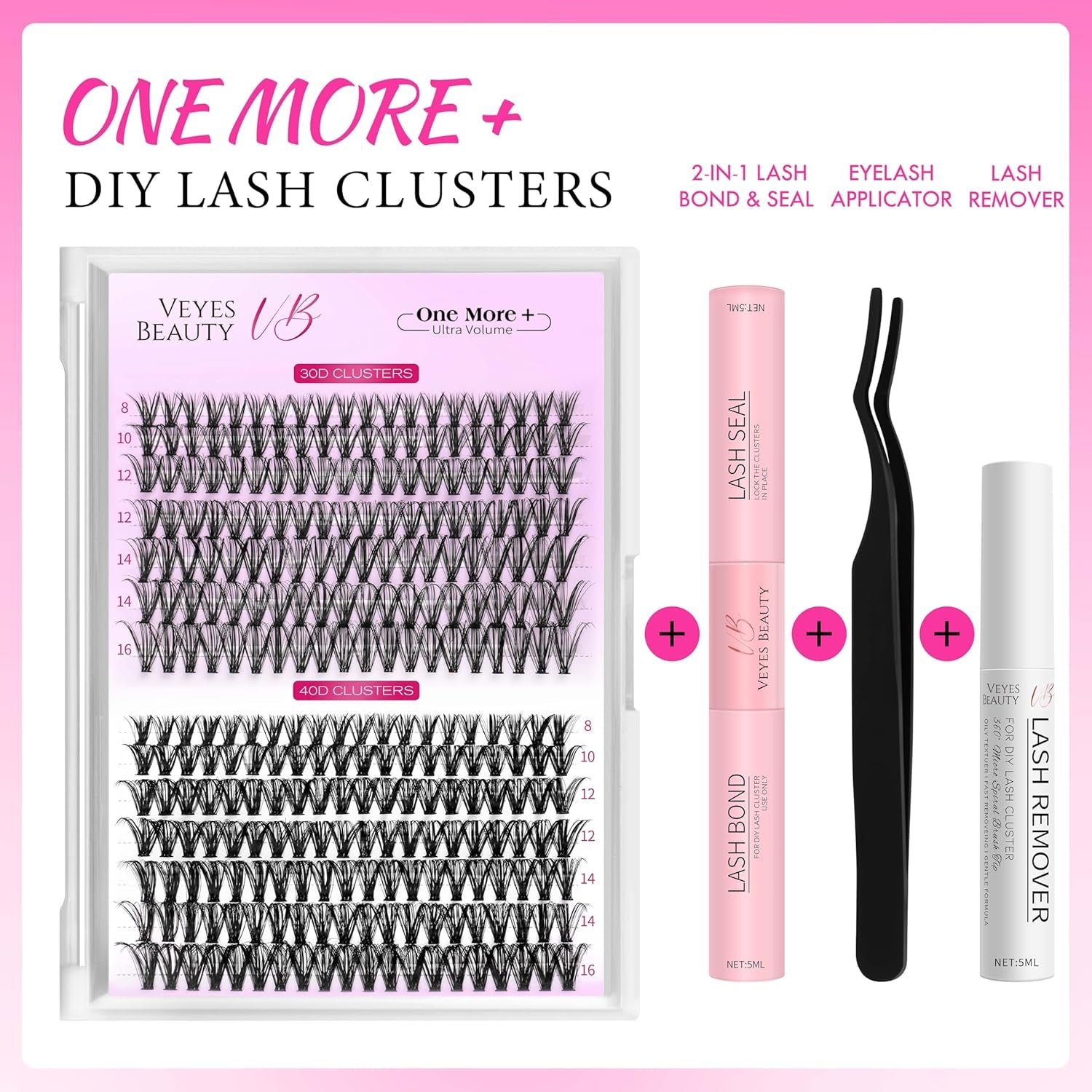 Lash Extension Kit Eyelashes Lash Clusters 3040D 8-16Mm | One More+ Multi-Type Layered Eyelash Clusters False Eyelashes Wispy Lash Bond and Seal