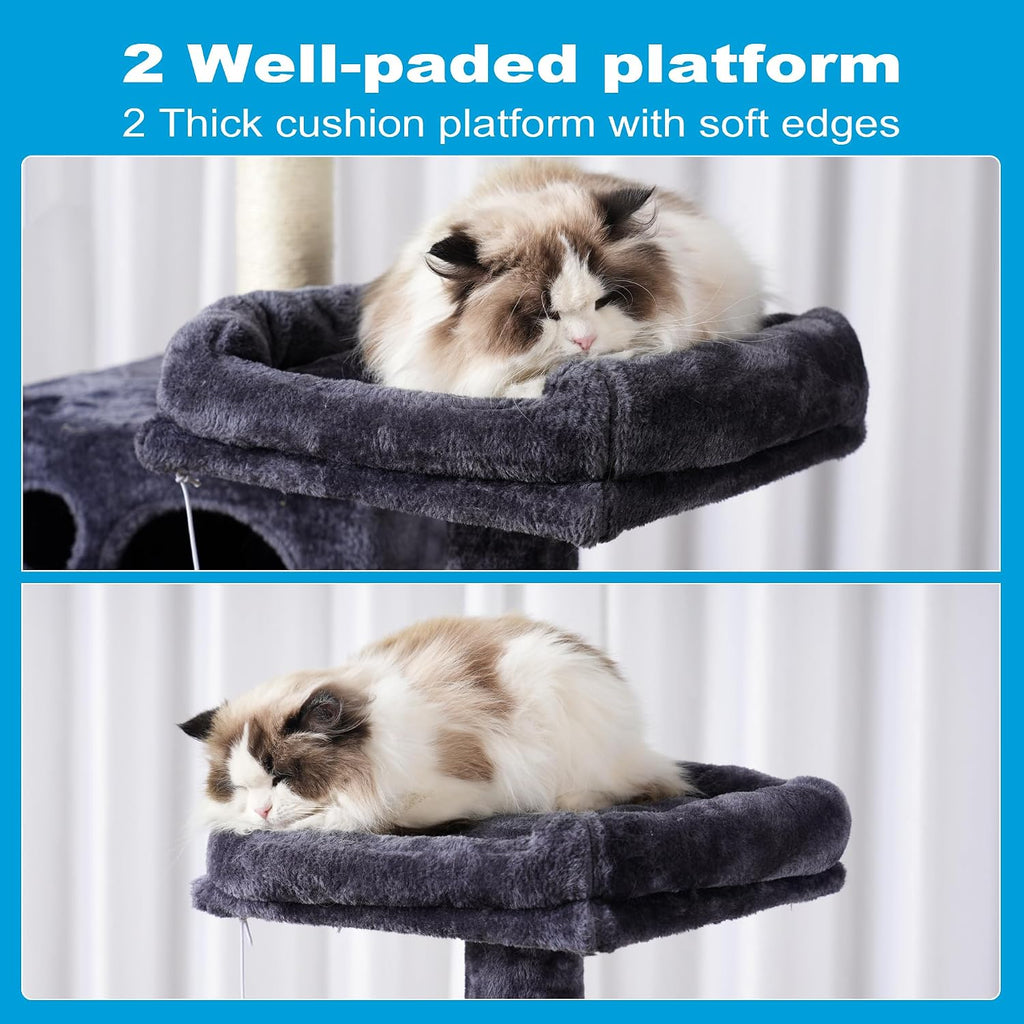 Large Multi-Level Cat Tree Condo Furniture with Sisal-Covered Scratching Posts, 2 Bigger Plush Condos, Perch Hammock for Kittens, Cats and Pets Smoky Gray MPJ020G