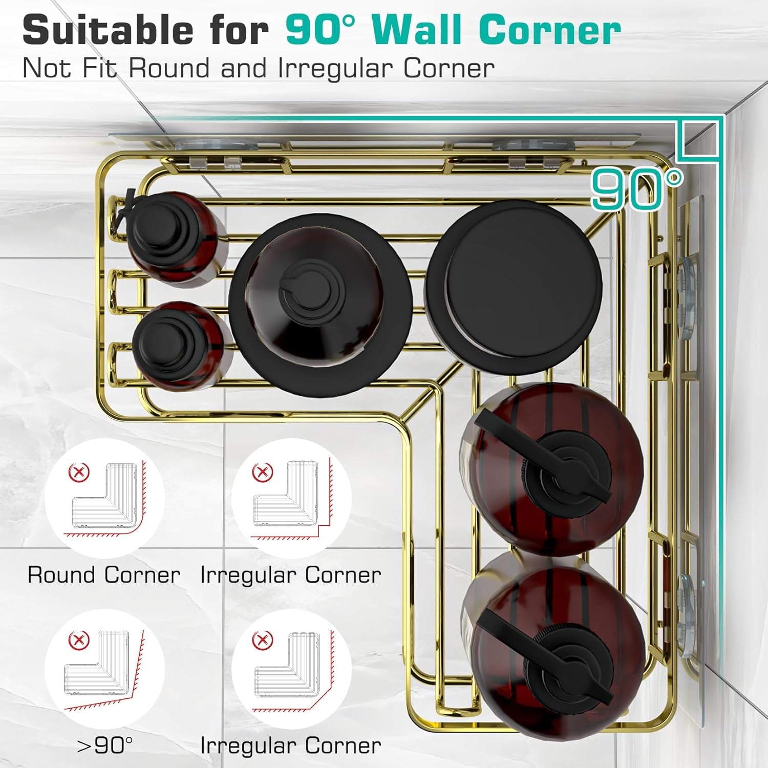 Corner Shower Caddy, 3-Pack Adhesive Bathroom Caddy with Soap Holder and 12 Hooks, Rustproof Stainless Steel Shower Organizer, No Drilling Wall Mounted Shower Rack, for Bathroom, Gold