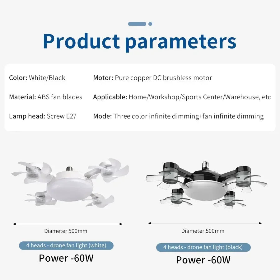 E27 Fan Light 2-In-1 60W Drone Design Ceiling Fan Light with Remote Control AC85-265V Fan Lighting Bulb for Home Restaurant