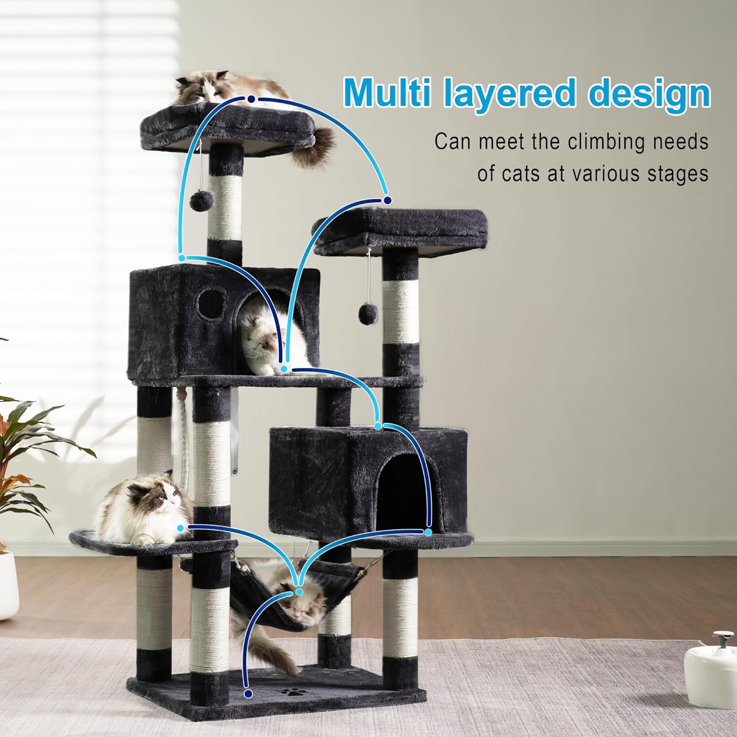Large Multi-Level Cat Tree Condo Furniture with Sisal-Covered Scratching Posts, 2 Bigger Plush Condos, Perch Hammock for Kittens, Cats and Pets Smoky Gray MPJ020G