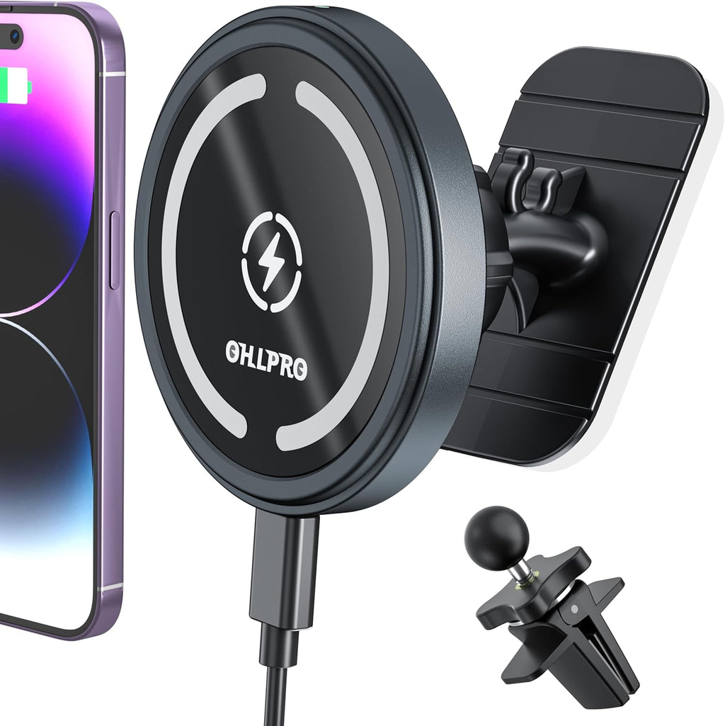 Magsafe Car Mount Charger Iphone Wireless Car Charger, Stick on Dashboard Magnetic Phone Holder Mount for Iphone 17 Pro plus Max 16 15 14 13 12 Series, 15W Fast Charging, Aluminum Shell