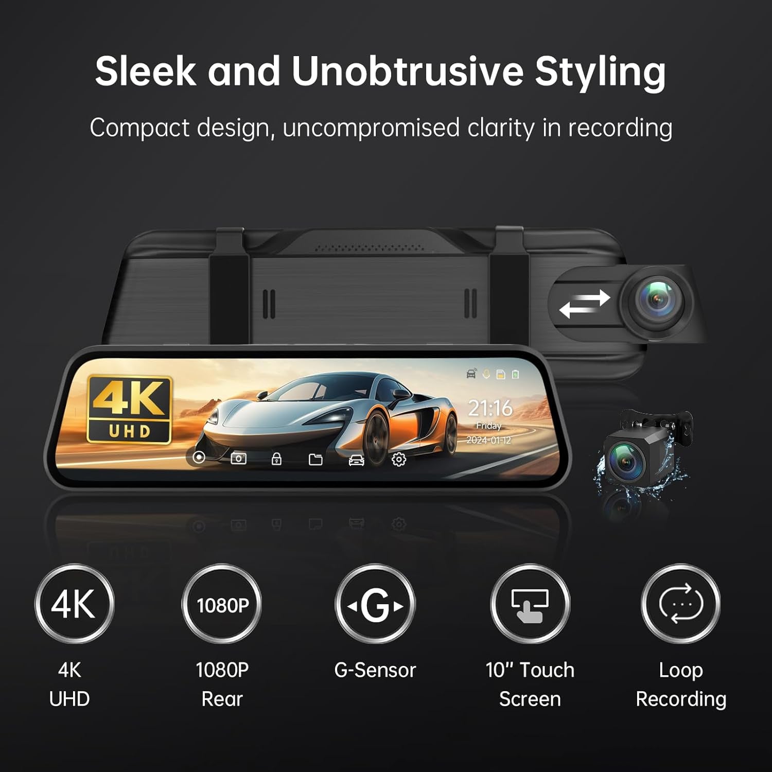 4K Rear View Mirror Camera, 10'' Mirror Dash Cam Front and Rear Camera, with 1080P Rear View Mirror Camera, Full Touch Screen Mirror, Voice Control, Parking Assistance,Night Vision,With 32GB Card