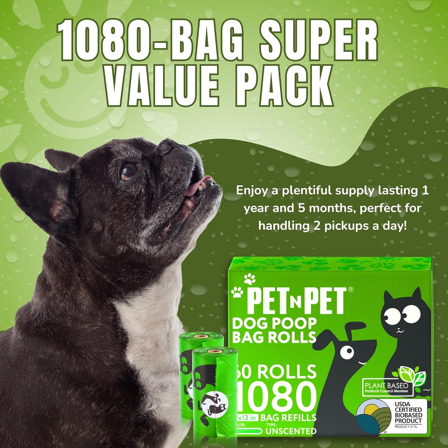 Dog Poop Bags 1080 Count Unscented Leak-Proof Refill Rolls Bulk | 1080 Bags, 60 Refill Rolls: Thick, Leak-Proof, Unscented, USDA Certified Biobased 41%, for Dogs and Cats.