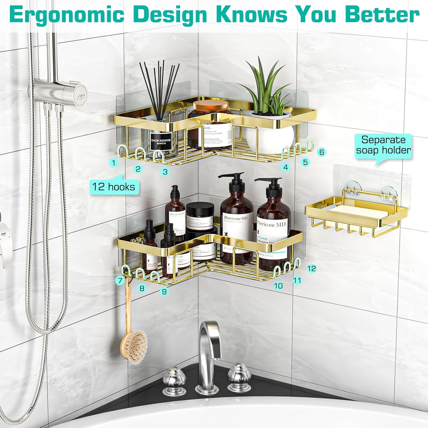 Corner Shower Caddy, 3-Pack Adhesive Bathroom Caddy with Soap Holder and 12 Hooks, Rustproof Stainless Steel Shower Organizer, No Drilling Wall Mounted Shower Rack, for Bathroom, Gold