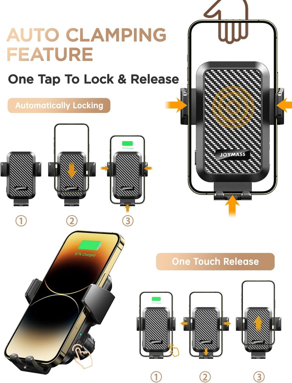 Wireless Car Charger,  15W Fast Charging Auto Clamping Car Charger Cell Phone Holder Mount Vent for Iphone 15 14 13 12 Mini Pro Max 11 XR XS X, Samsung Galaxy S23 Ultra S22 S21+ Note 20, Etc