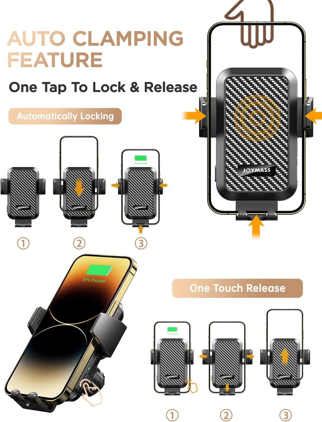 Wireless Car Charger,  15W Fast Charging Auto Clamping Car Charger Cell Phone Holder Mount Vent for Iphone 15 14 13 12 Mini Pro Max 11 XR XS X, Samsung Galaxy S23 Ultra S22 S21+ Note 20, Etc