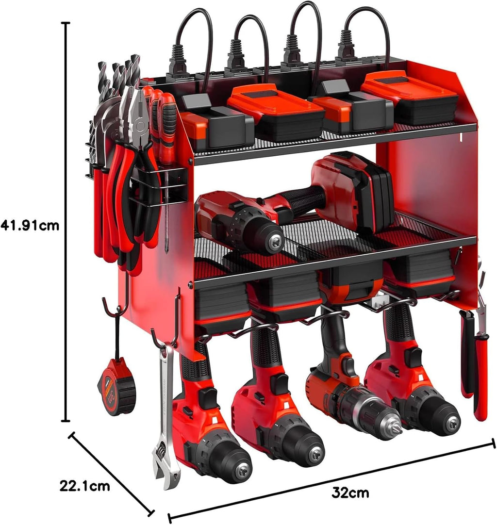 Modular Power Tool Organizer Wall Mount with Charging Station. Garage 4 Drill Storage Shelf with Hooks, Screwdriver, Drill Bit Heavy Duty Rack, Tool Battery Holder Built in 8 Outlet Power Strip.