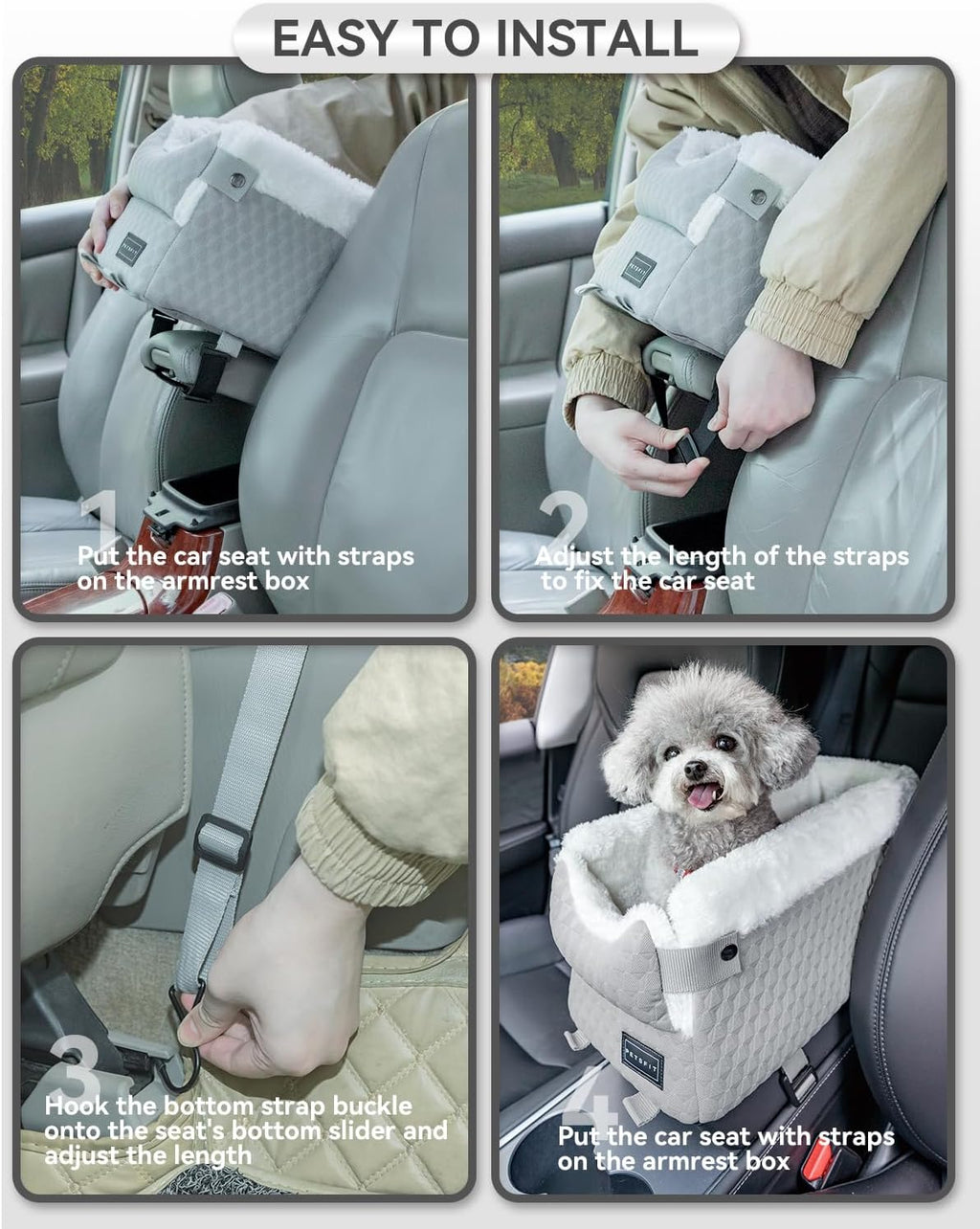 Dog Car Seats for Small Dogs with Safe Protection Hooks, Small Dog Car Seat with Upgraded Safety Tethers, Washable Cushion, Center Console Dog Car Seat for Pets under 8 Lbs (Light Grey)
