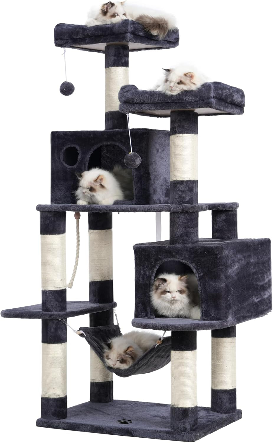 Large Multi-Level Cat Tree Condo Furniture with Sisal-Covered Scratching Posts, 2 Bigger Plush Condos, Perch Hammock for Kittens, Cats and Pets Smoky Gray MPJ020G