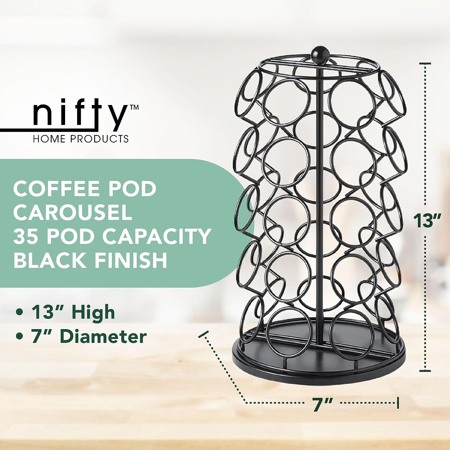 Nifty Coffee Pod Carousel – Compatible with K-Cups, 35 Pod Pack Storage, Spins 360-Degrees, Lazy Susan Platform, Home or Office Kitchen Counter Organizer, Modern Black Design