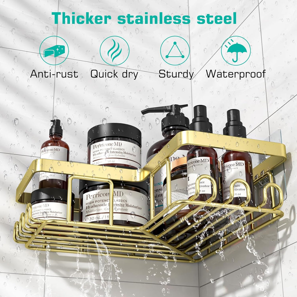 Corner Shower Caddy, 3-Pack Adhesive Bathroom Caddy with Soap Holder and 12 Hooks, Rustproof Stainless Steel Shower Organizer, No Drilling Wall Mounted Shower Rack, for Bathroom, Gold