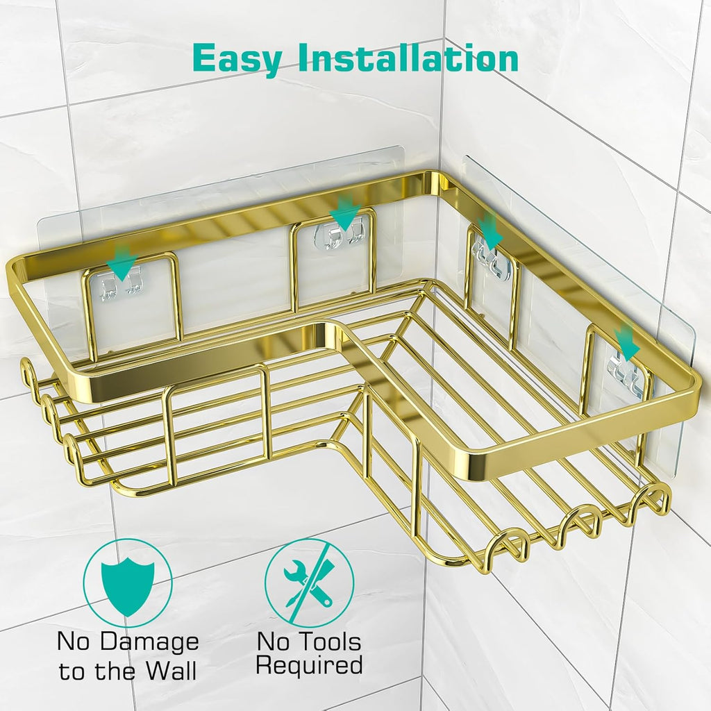 Corner Shower Caddy, 3-Pack Adhesive Bathroom Caddy with Soap Holder and 12 Hooks, Rustproof Stainless Steel Shower Organizer, No Drilling Wall Mounted Shower Rack, for Bathroom, Gold