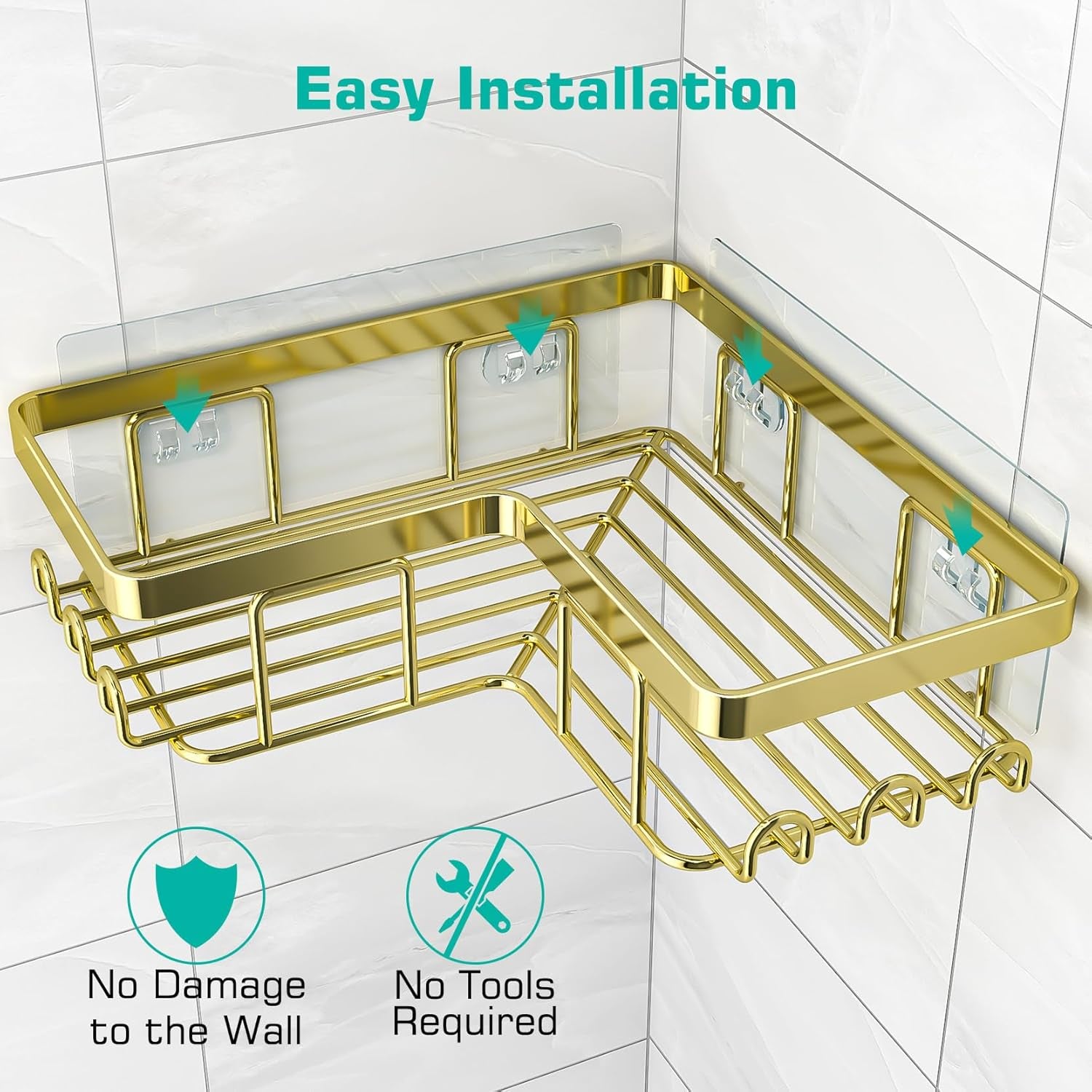 Corner Shower Caddy, 3-Pack Adhesive Bathroom Caddy with Soap Holder and 12 Hooks, Rustproof Stainless Steel Shower Organizer, No Drilling Wall Mounted Shower Rack, for Bathroom, Gold