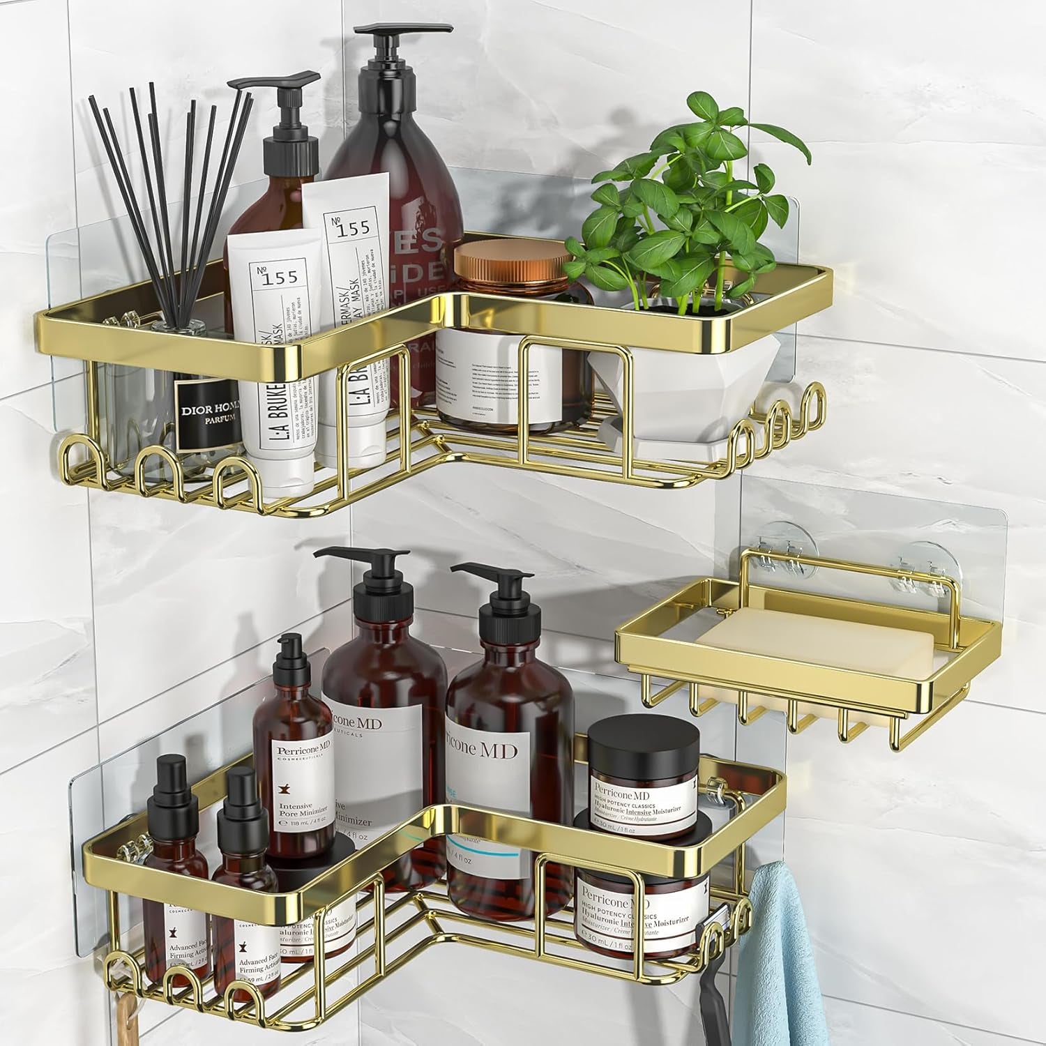 Corner Shower Caddy, 3-Pack Adhesive Bathroom Caddy with Soap Holder and 12 Hooks, Rustproof Stainless Steel Shower Organizer, No Drilling Wall Mounted Shower Rack, for Bathroom, Gold