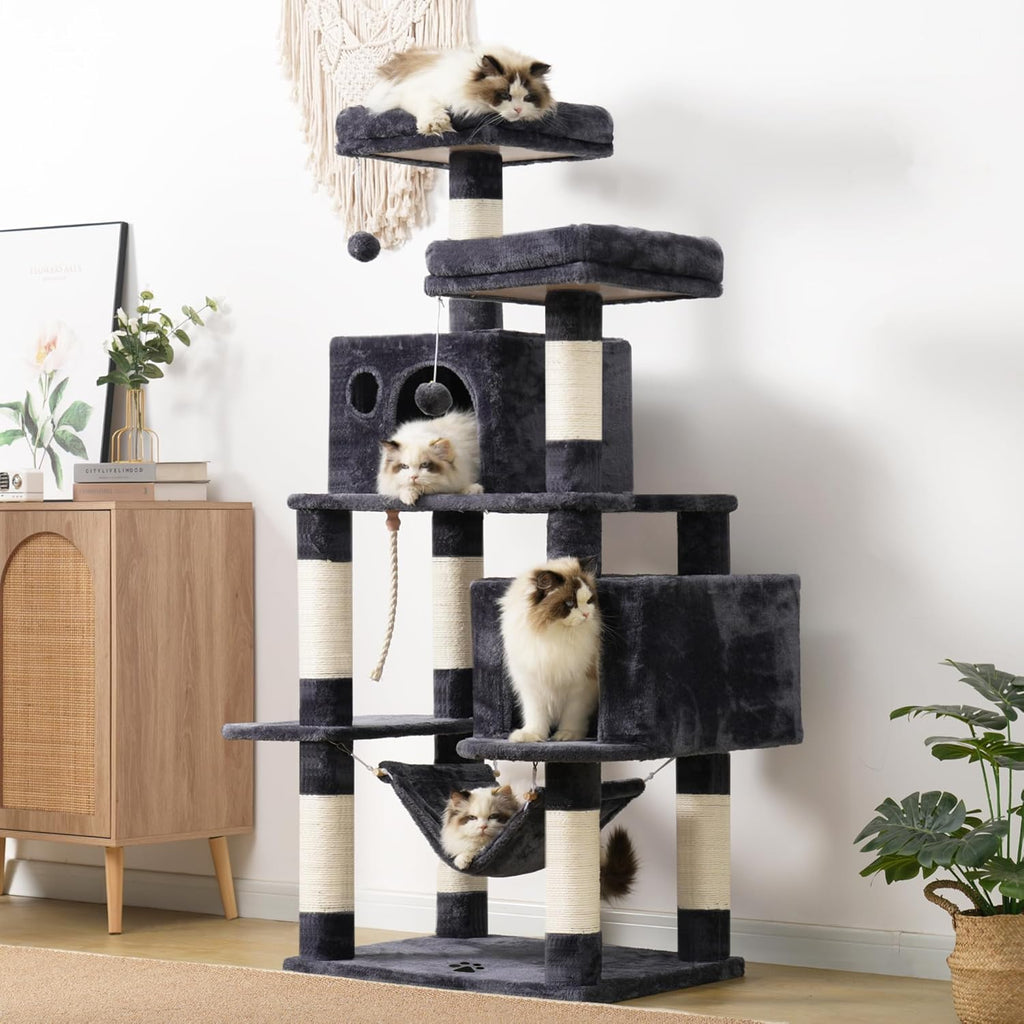 Large Multi-Level Cat Tree Condo Furniture with Sisal-Covered Scratching Posts, 2 Bigger Plush Condos, Perch Hammock for Kittens, Cats and Pets Smoky Gray MPJ020G