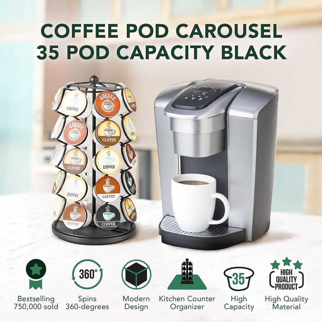 Nifty Coffee Pod Carousel – Compatible with K-Cups, 35 Pod Pack Storage, Spins 360-Degrees, Lazy Susan Platform, Home or Office Kitchen Counter Organizer, Modern Black Design
