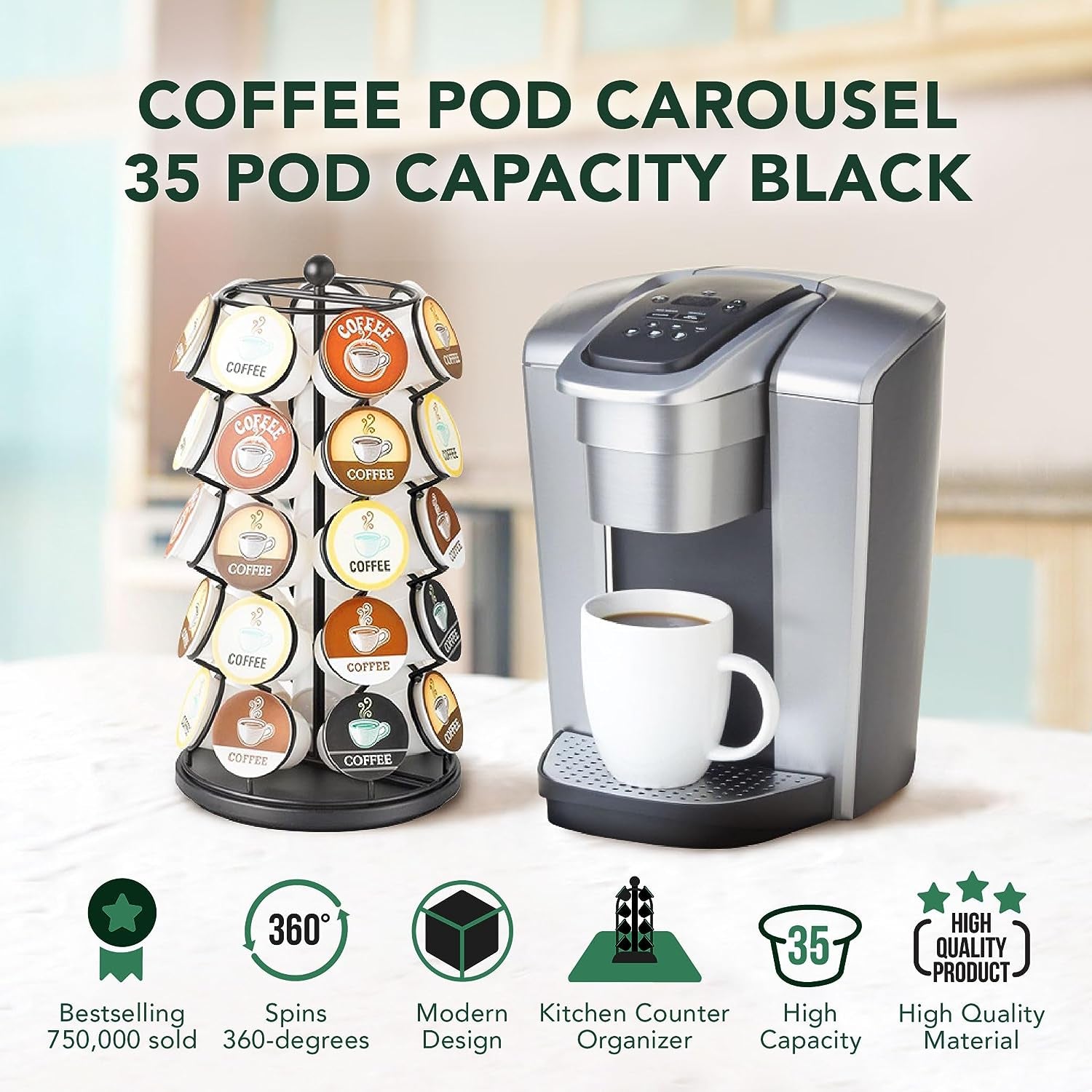 Nifty Coffee Pod Carousel – Compatible with K-Cups, 35 Pod Pack Storage, Spins 360-Degrees, Lazy Susan Platform, Home or Office Kitchen Counter Organizer, Modern Black Design