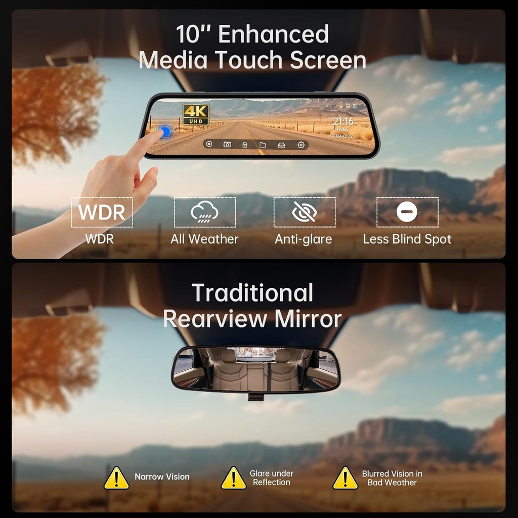 4K Rear View Mirror Camera, 10'' Mirror Dash Cam Front and Rear Camera, with 1080P Rear View Mirror Camera, Full Touch Screen Mirror, Voice Control, Parking Assistance,Night Vision,With 32GB Card