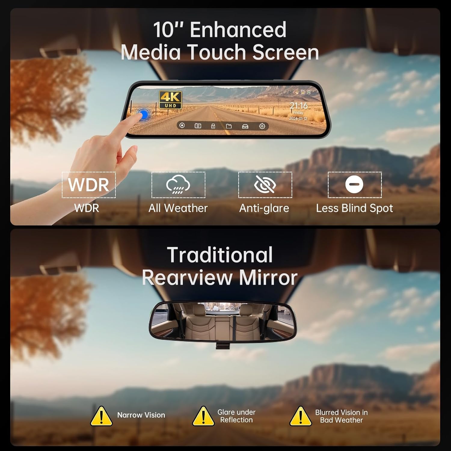 4K Rear View Mirror Camera, 10'' Mirror Dash Cam Front and Rear Camera, with 1080P Rear View Mirror Camera, Full Touch Screen Mirror, Voice Control, Parking Assistance,Night Vision,With 32GB Card